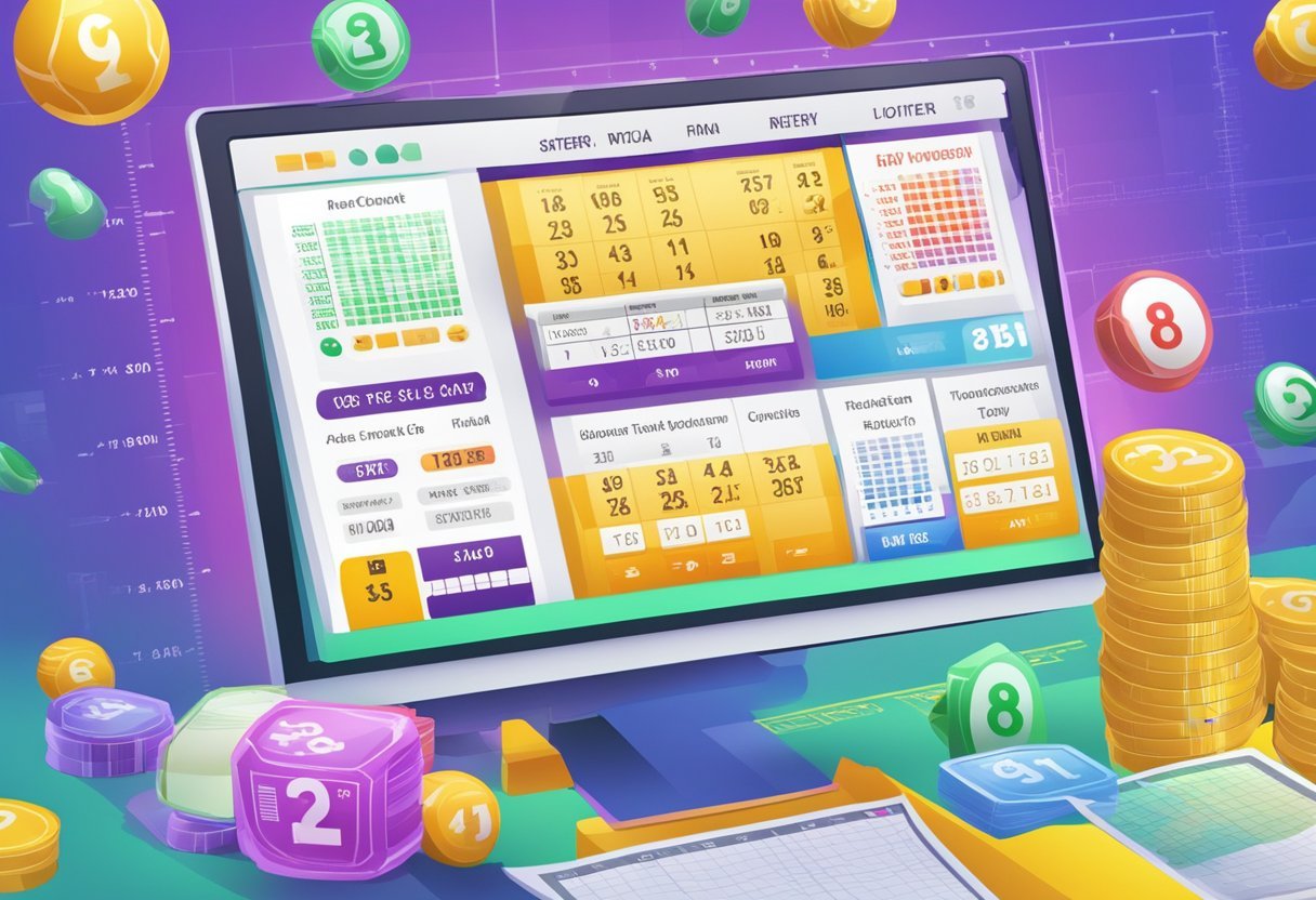 A computer screen displaying data and graphs, with a lottery ticket and winning numbers highlighted