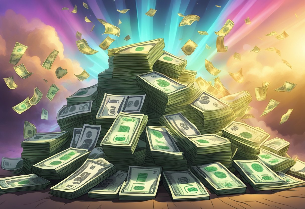 A pile of cash with the words "Clout Bucks" printed on them, surrounded by a glowing aura, symbolizing the allure and power of the currency