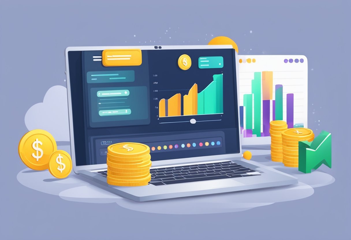 A laptop displaying the Clout Bucks platform with a positive review and a chart showing earnings. A smartphone with notifications of successful referrals