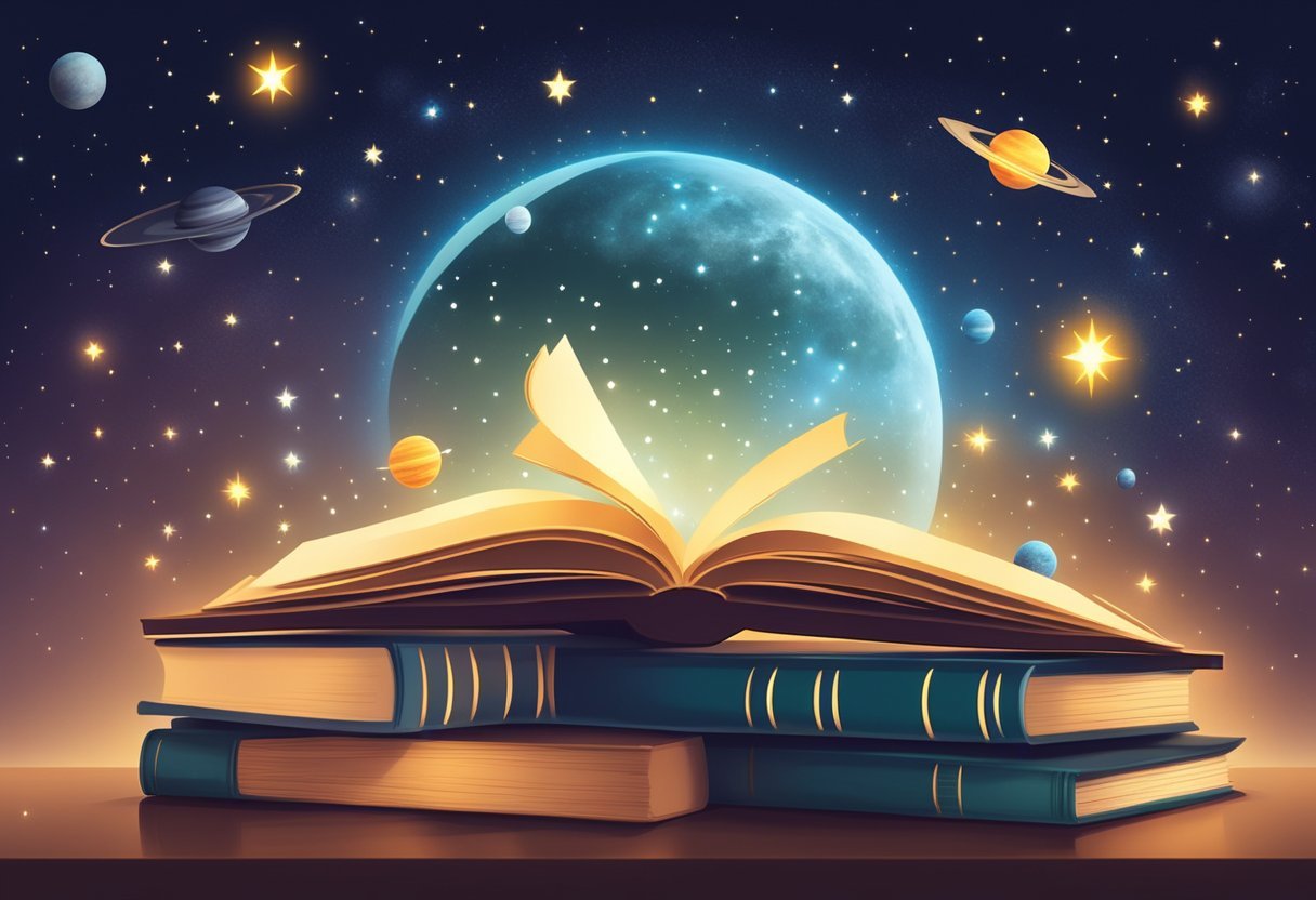 A stack of books with a glowing light emerging from within, surrounded by floating stars and planets