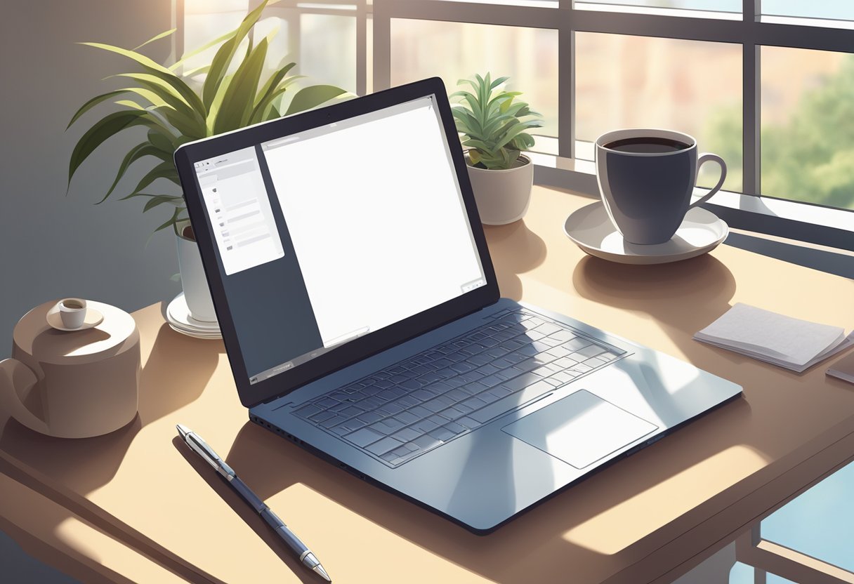 A laptop open on a desk, with a notepad and pen next to it. A cup of coffee sits nearby, as the sunlight streams through the window onto the workspace