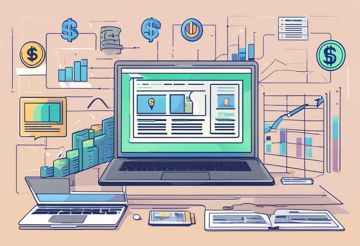 A laptop displaying CourseReel's interface with money signs and content icons, surrounded by marketing materials and a revenue graph