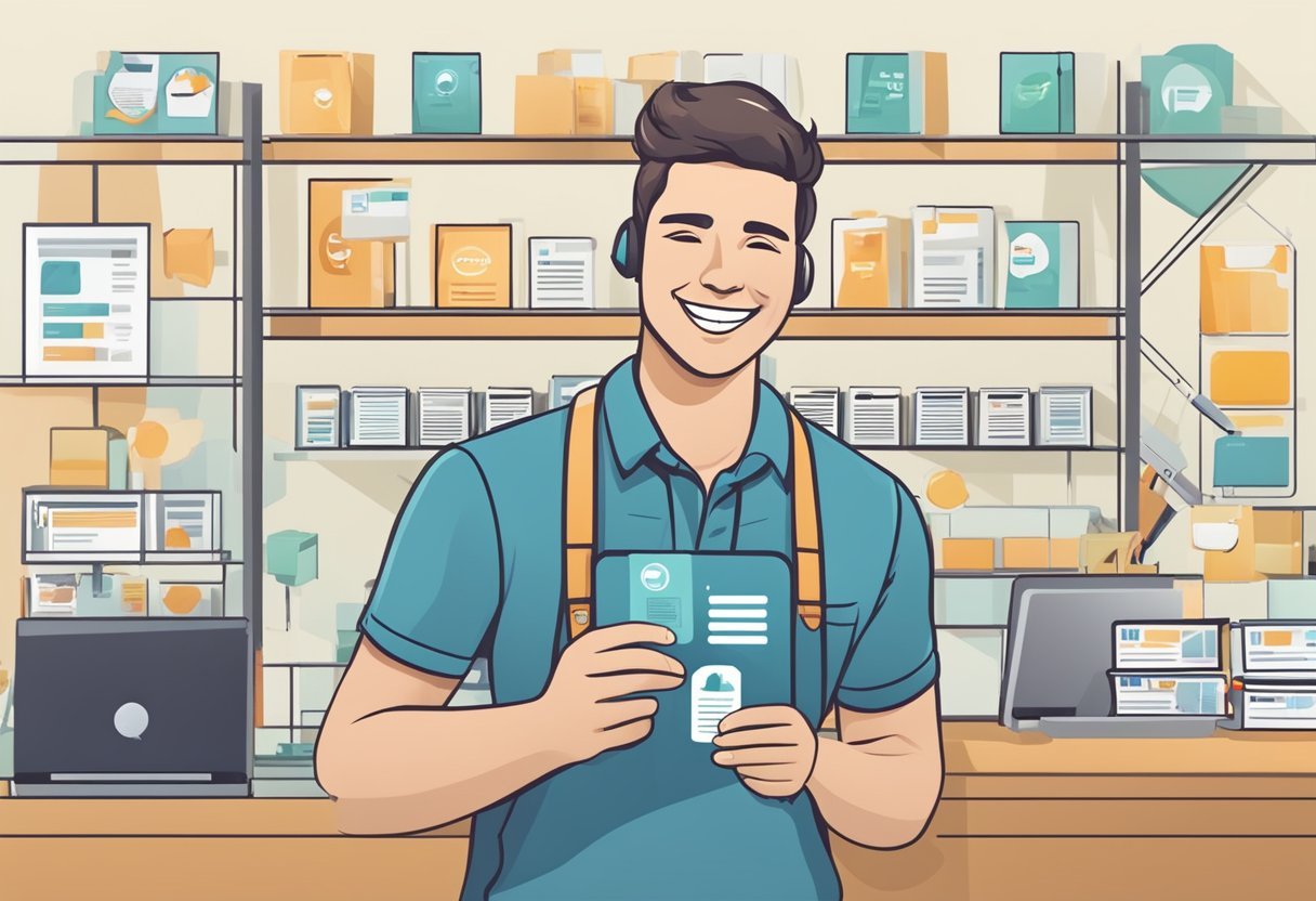 A customer smiling while holding a product, surrounded by positive reviews and a guarantee badge