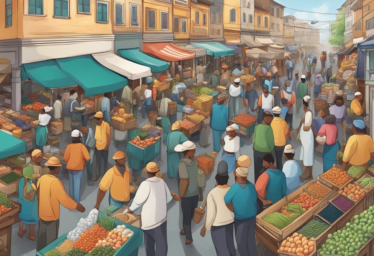 A bustling marketplace with diverse vendors and workers, exchanging goods and services. The atmosphere is lively, with people engaged in conversation and activity