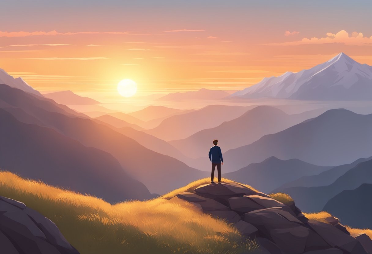 A figure stands on a mountaintop, arms outstretched, facing the open sky. The sun is setting, casting a warm glow over the landscape