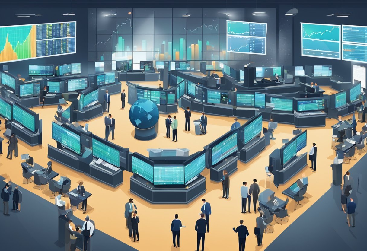 A bustling stock exchange floor with traders analyzing charts and discussing investment strategies, while screens display market insights