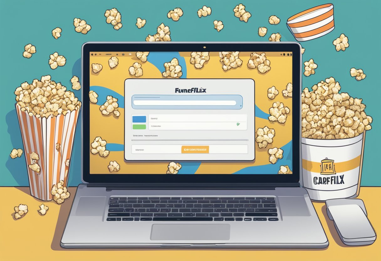 A laptop displaying Funnelflix homepage with popcorn and a remote on the side