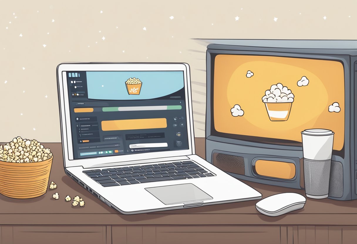 A laptop with the Funnelflix website open, surrounded by popcorn, a cozy blanket, and a TV remote