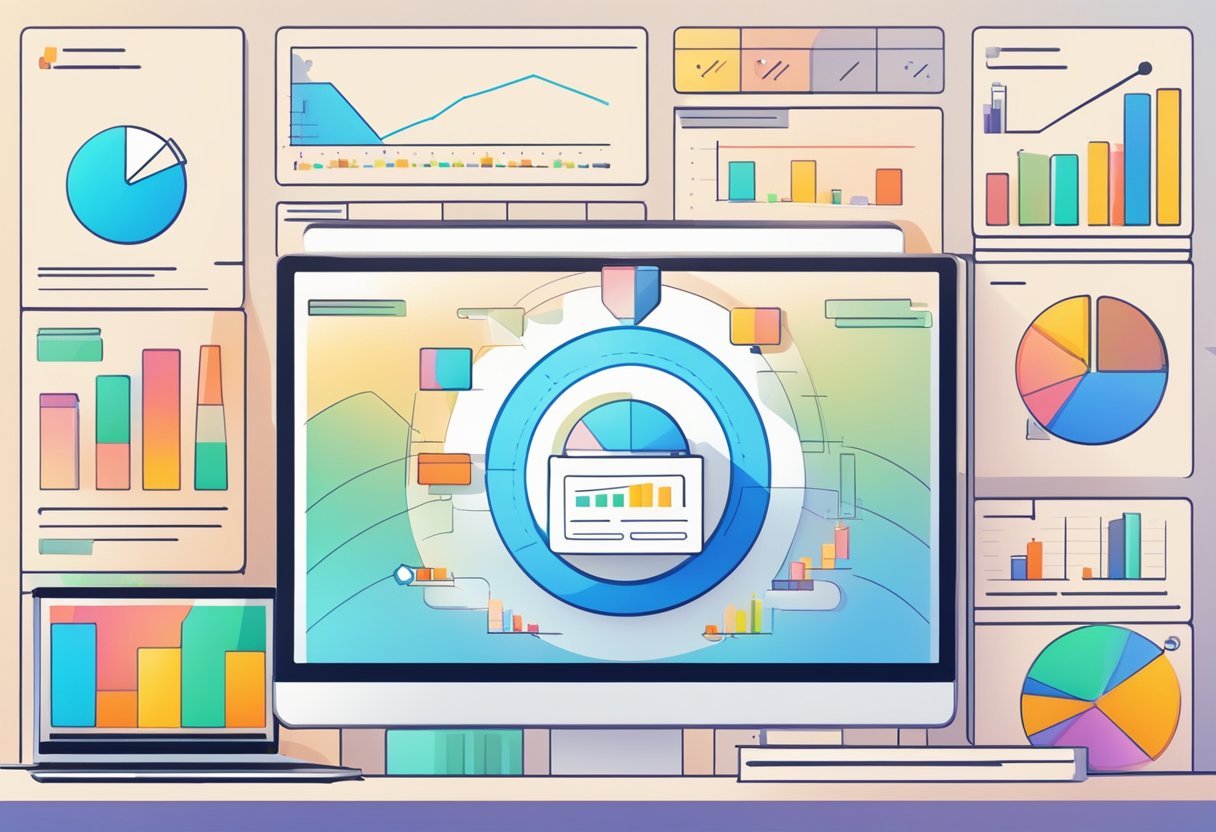 A laptop screen displays ClickFunnels interface with various integration options. Graphs show business growth. Funnelflix logo in the corner