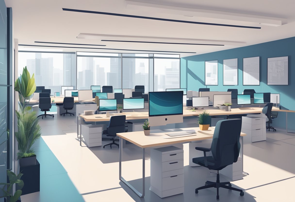 A modern office space with sleek, minimalist design. A team of developers and designers collaborating on cutting-edge technology projects. Screens display code and design mockups