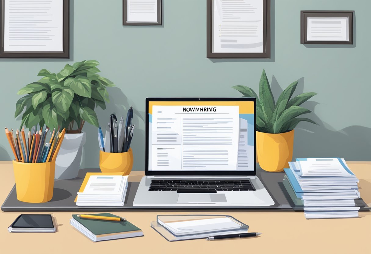 A desk with a laptop, a stack of resumes, and a pen. A "Now Hiring" sign and a list of job requirements on the wall