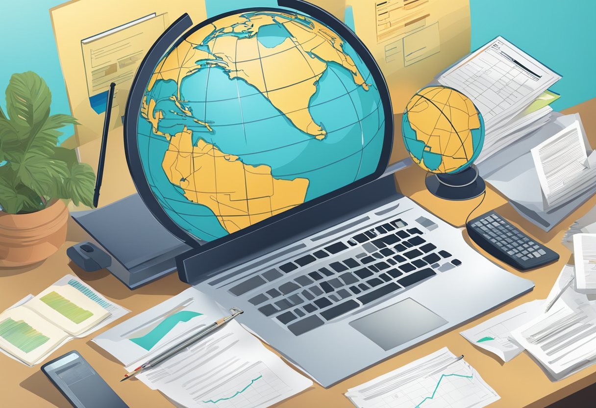 A globe surrounded by survey forms and a computer, representing global market research