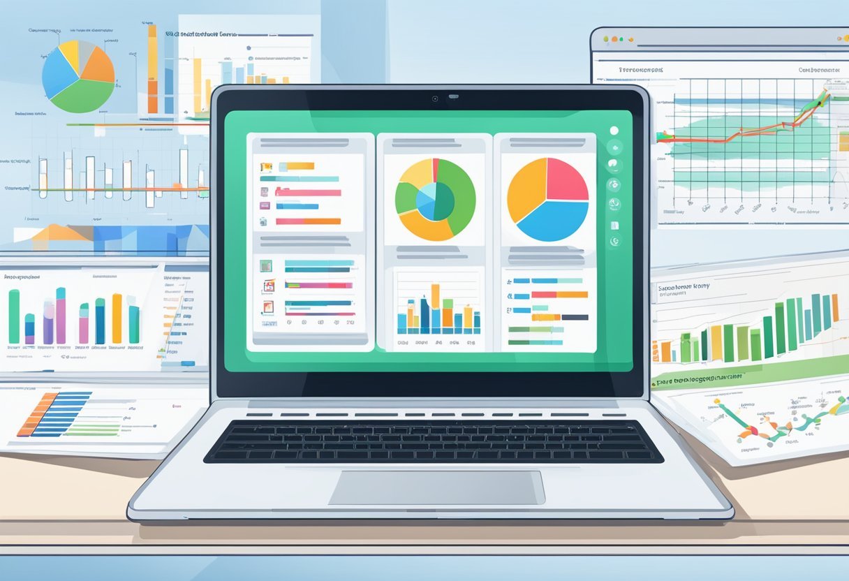 A laptop displaying a global test market review with various charts and graphs, surrounded by user feedback and survey responses