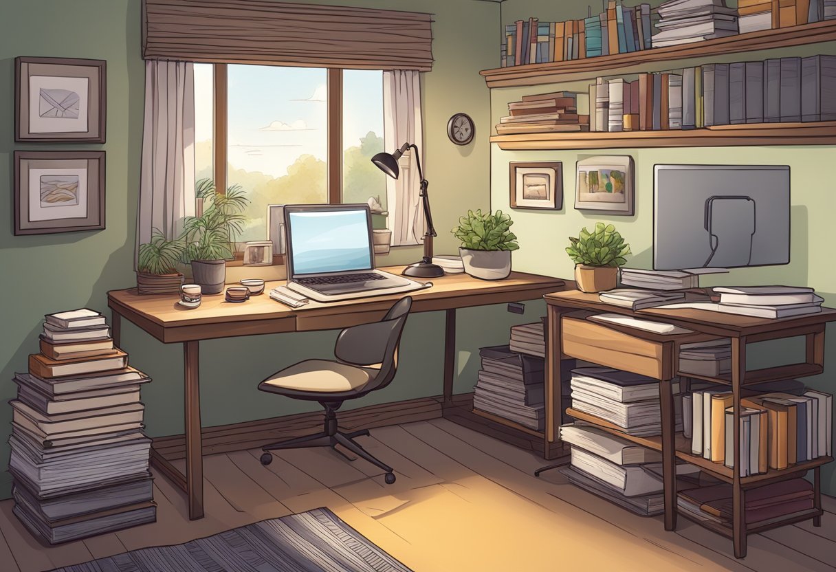 A cozy home office with a computer, desk, and chair. A stack of books and a notepad are on the desk. A cup of coffee sits nearby