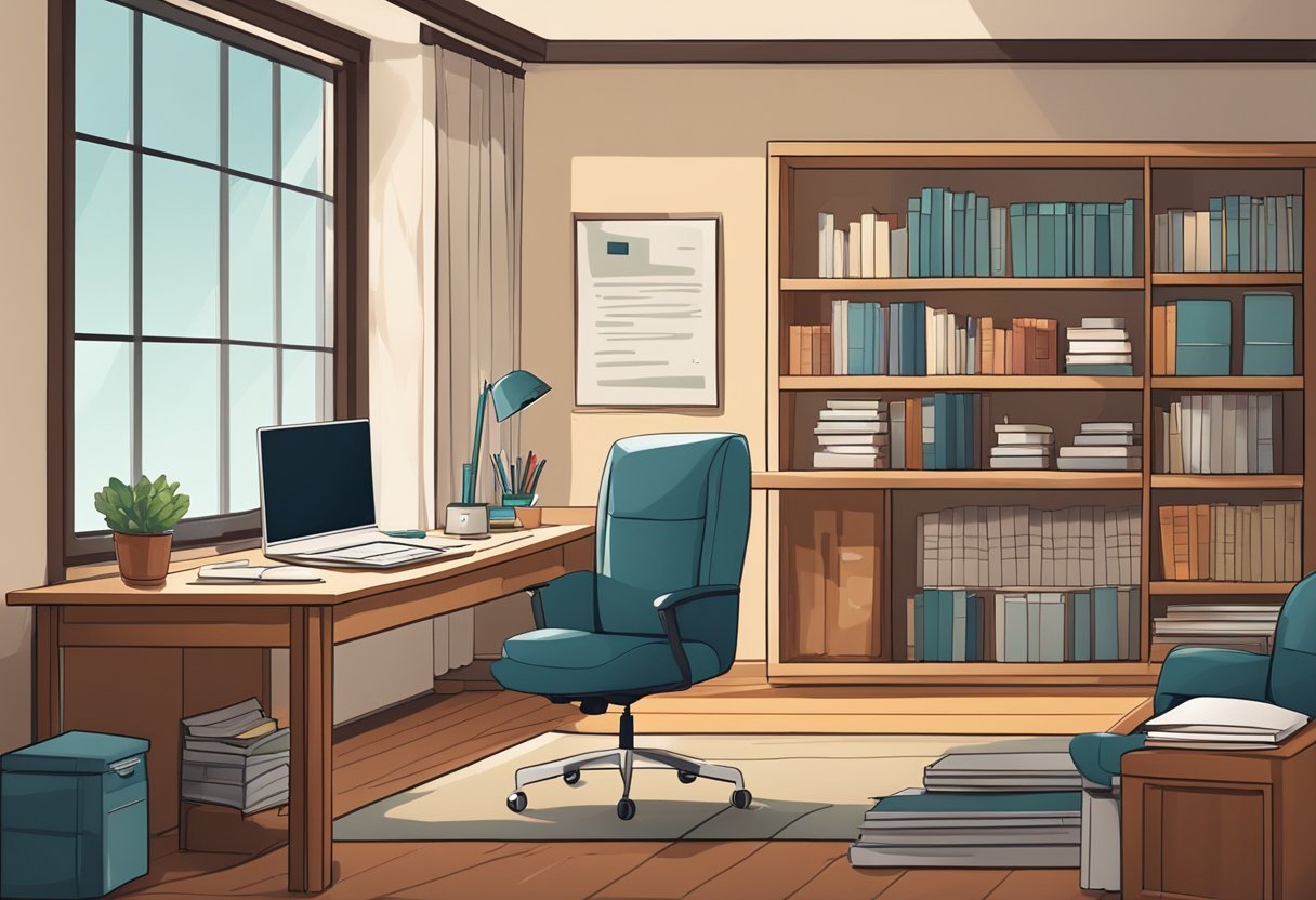 A cozy home office with a computer, desk, and chair. A bookshelf filled with business and finance books. A calendar on the wall with marked deadlines