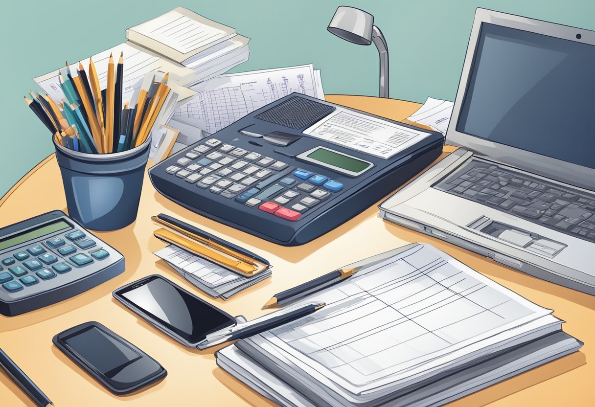 A desk with a computer, notebook, and pen. A stack of financial documents and a calculator. A confident and professional atmosphere