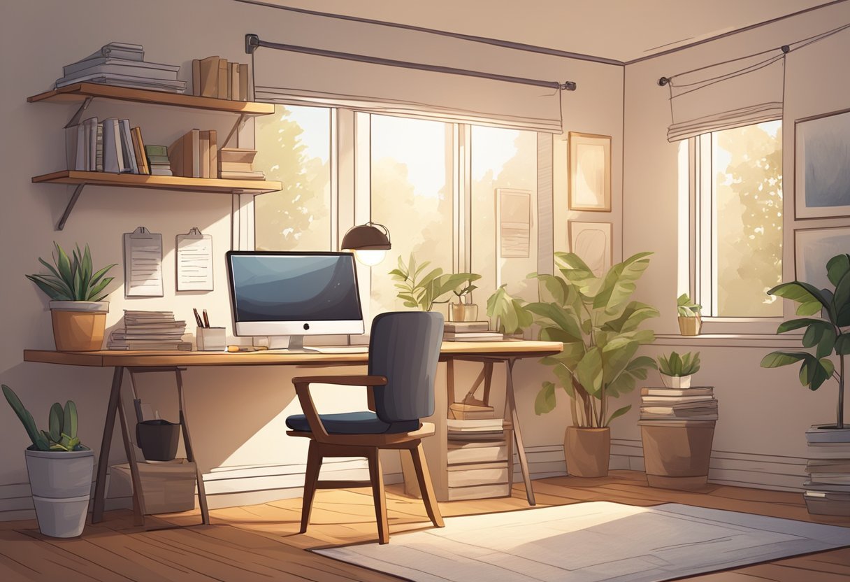 A cozy home office with a desk, computer, and stack of papers. A calendar on the wall and a cup of coffee on the desk. Comfortable chair and soft lighting