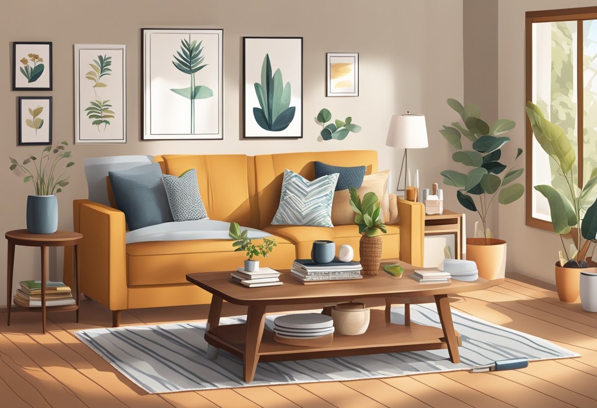 A cozy living room with a variety of household products displayed on a coffee table, with a warm, inviting atmosphere