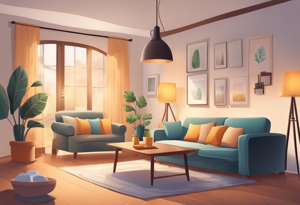 A cozy living room with a comfortable sofa, soft lighting, and a table filled with various household products for testing and reviewing