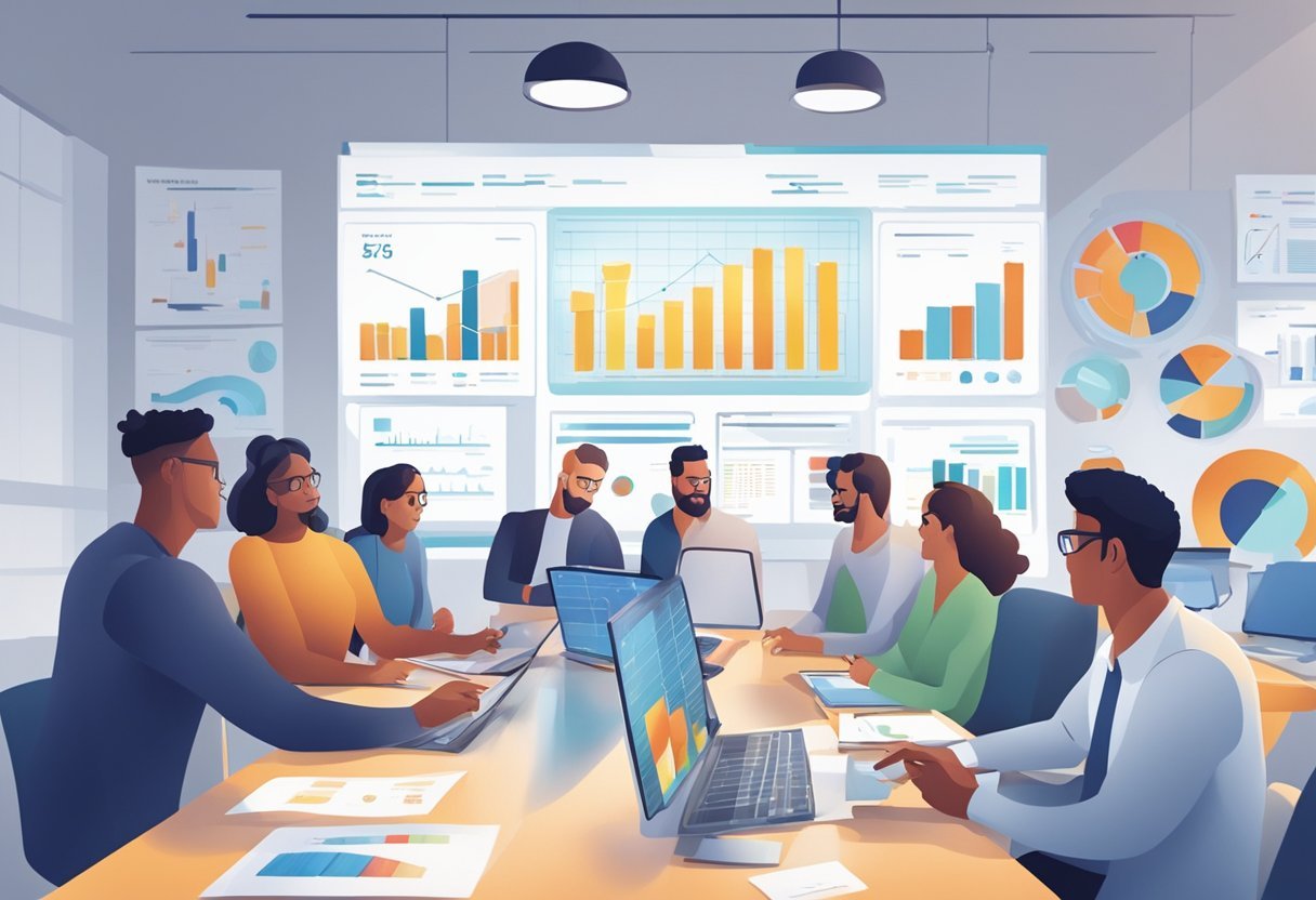 A group of people gathered around a screen, pointing and discussing data charts and graphs. The room is filled with energy and focus as they review the Hotspex data