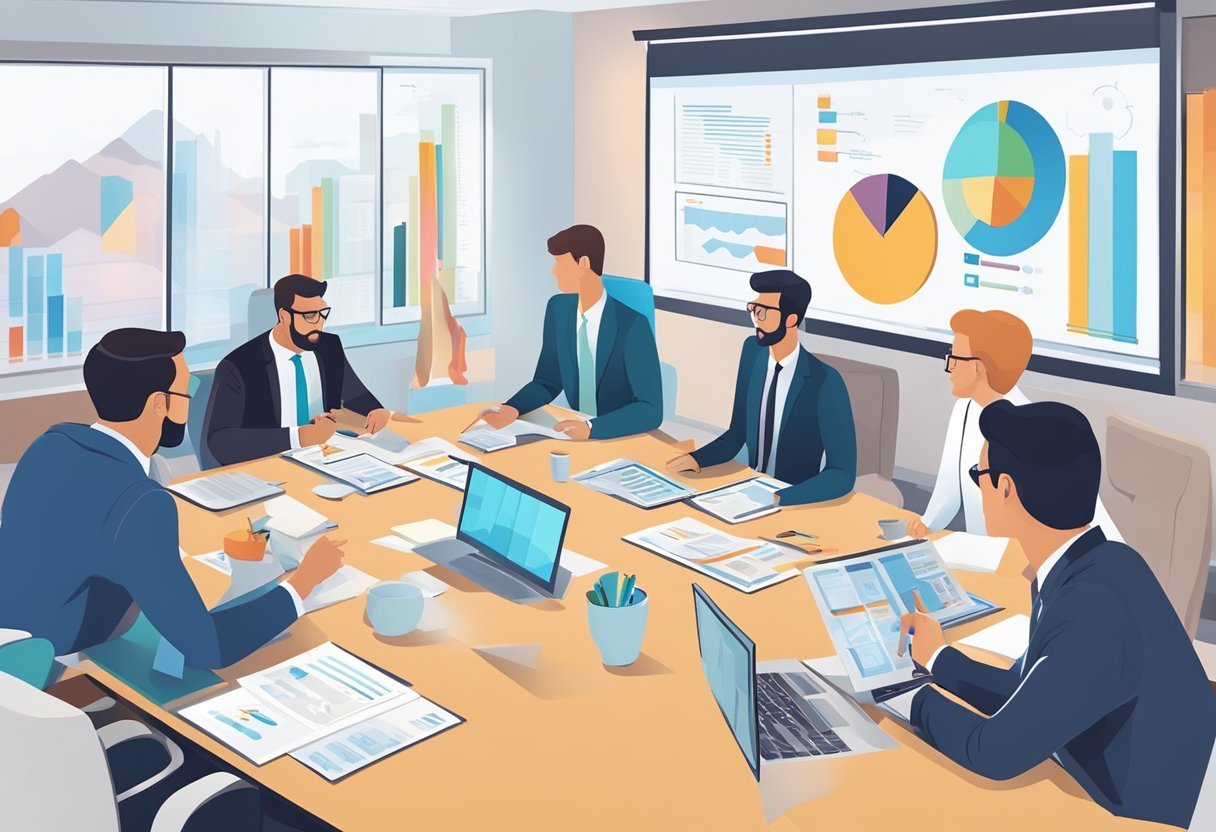 A conference room with executives discussing brand partnerships and advertising strategies, surrounded by charts, graphs, and marketing materials