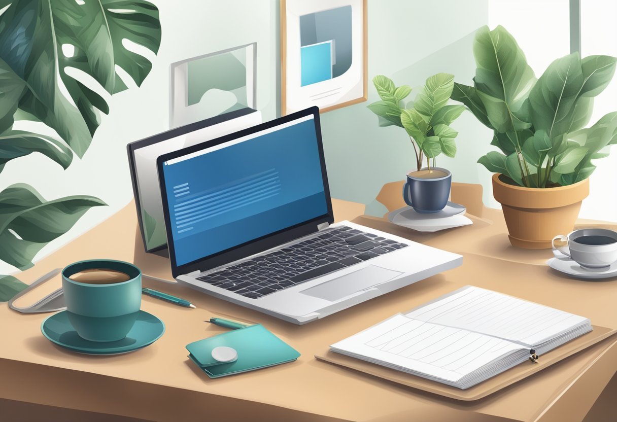 A desk with a computer, notebook, and pen. A stack of emails on the screen. A cup of coffee and a plant on the side