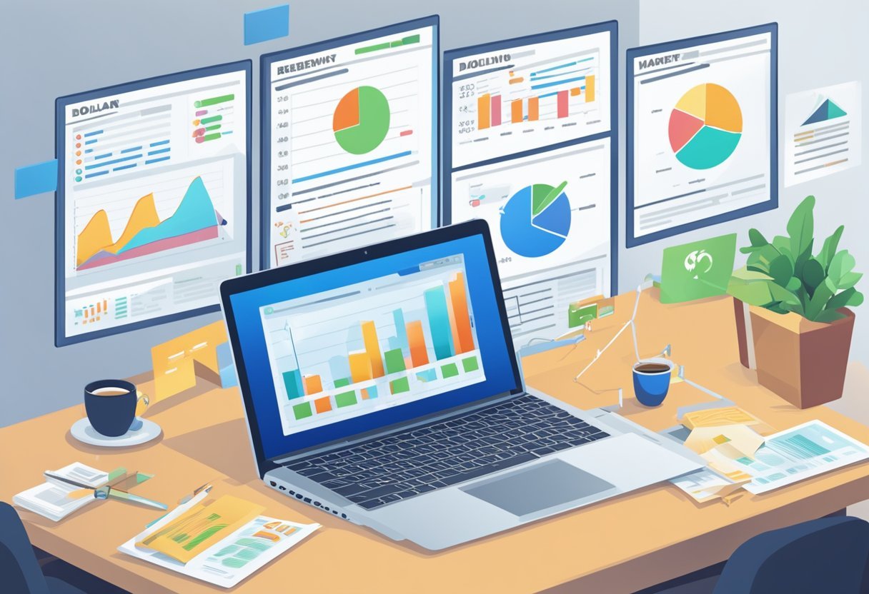 A laptop displaying "Inbox Blueprint Review" surrounded by marketing graphs and dollar signs