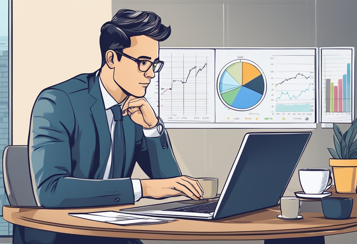 A desk with a laptop, financial charts, and a cup of coffee. A person analyzing investment strategy with a focused expression