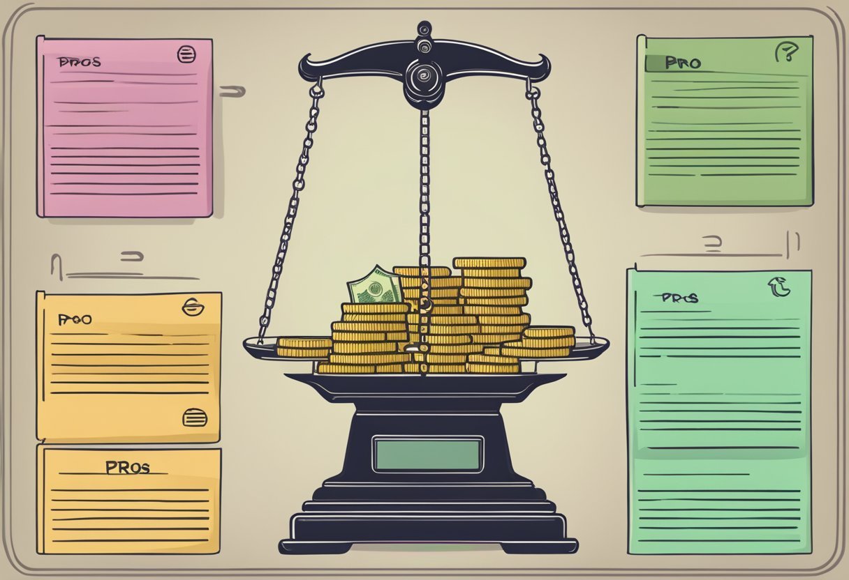 A scale with a stack of money on one side and a list of pros and cons on the other