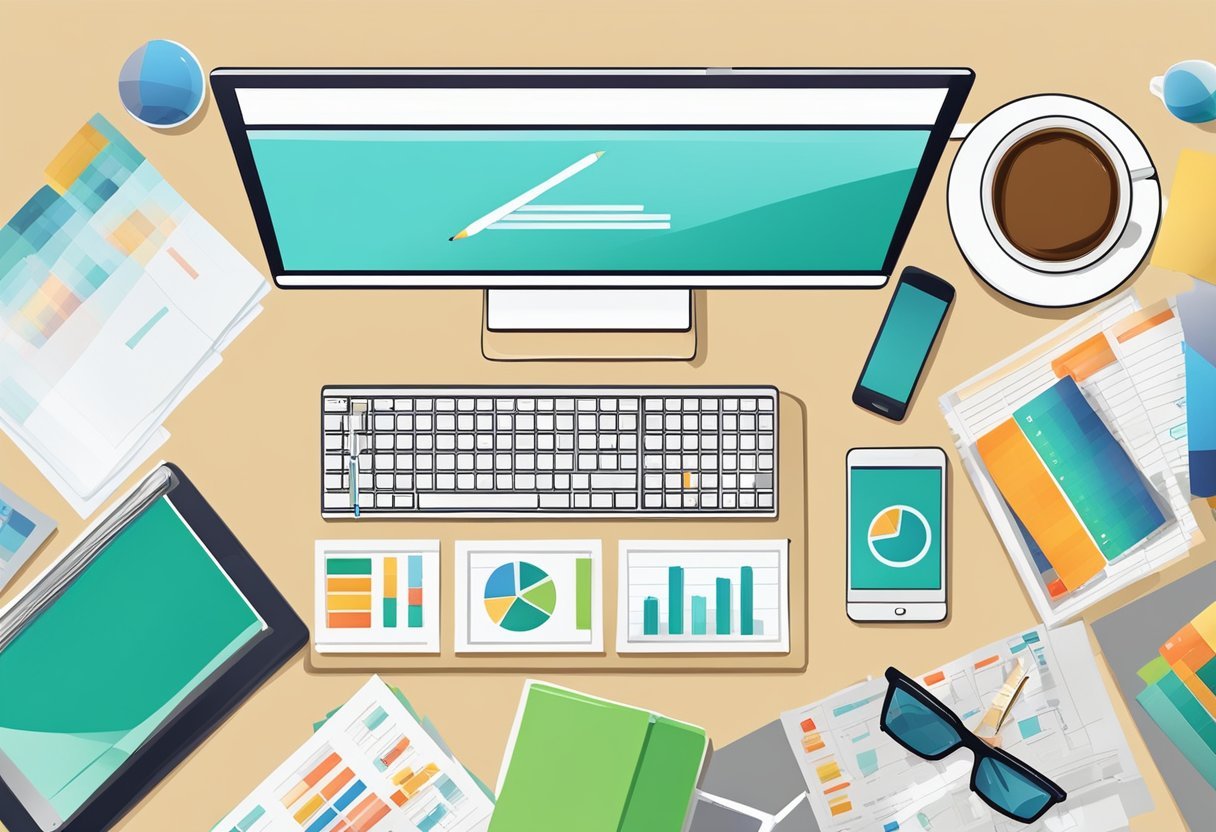 A desk with a computer, financial reports, and charts. A calculator, pen, and coffee cup. Bright and organized workspace