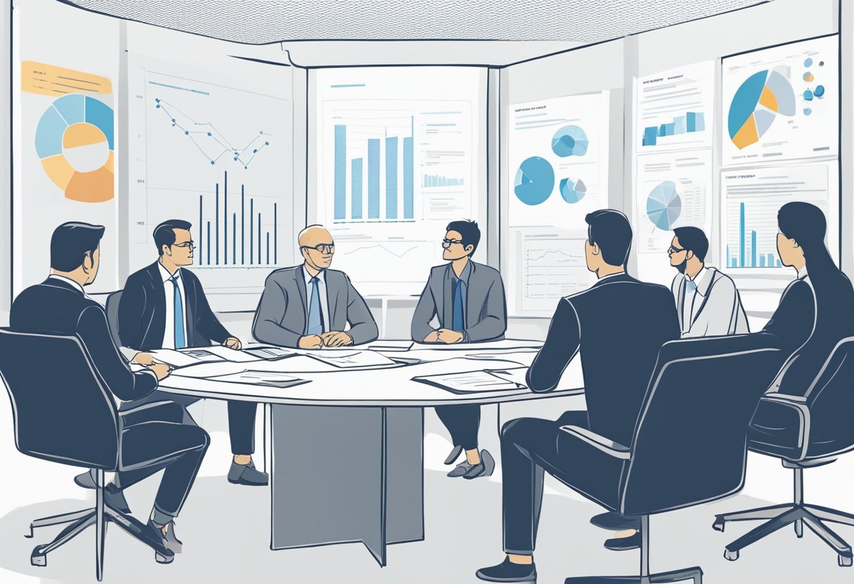 A group of experts sit around a table, discussing and evaluating technical aspects of participation in a panel review. Charts and graphs are displayed on the wall behind them