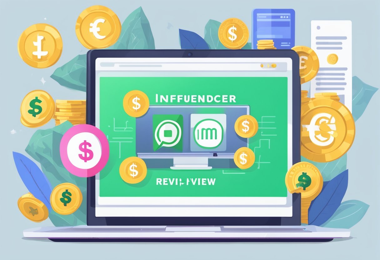 A laptop displaying various monetization strategies with a cash symbol and the words "Influencer Cash Review" on the screen