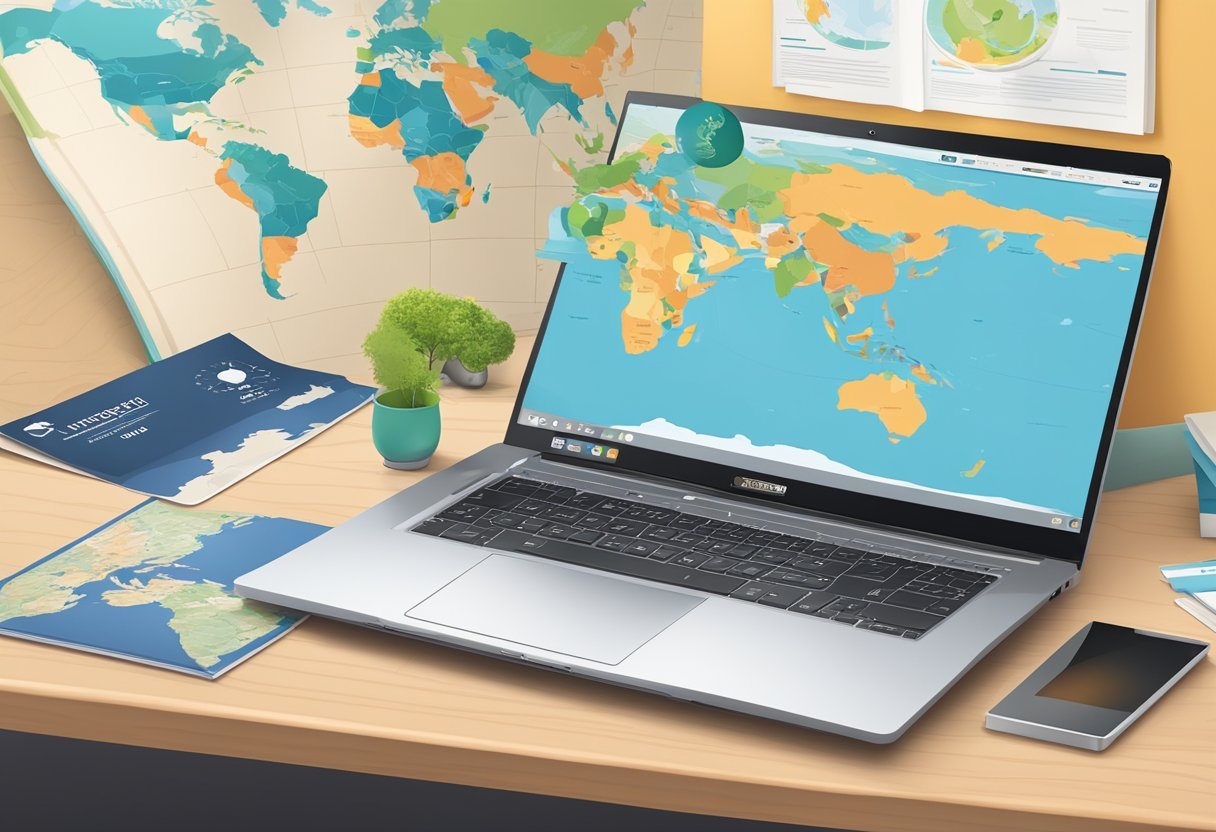 A laptop with the Inteletravel website open, surrounded by travel brochures and a world map on the wall