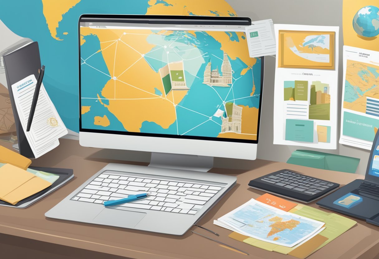 A globe surrounded by travel brochures, a laptop open to the InteleTravel website, and a passport on the desk