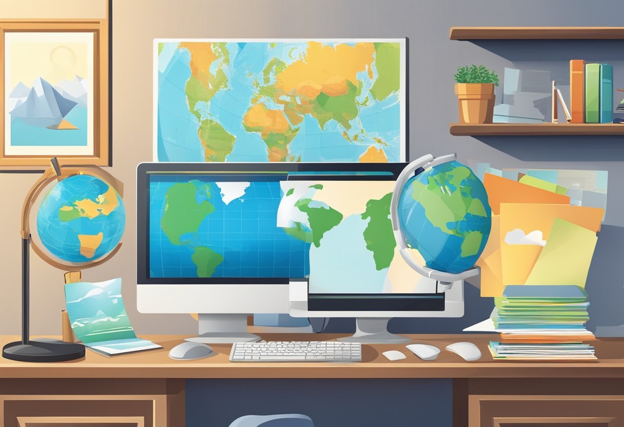 A desk with a computer, phone, and travel brochures. A globe and world map on the wall. Bright, professional, and inviting atmosphere