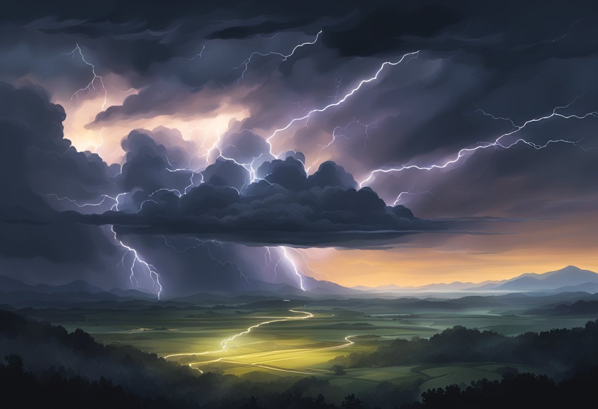 A stormy sky with flashes of lightning illuminating the dark clouds, casting an eerie glow over the landscape below