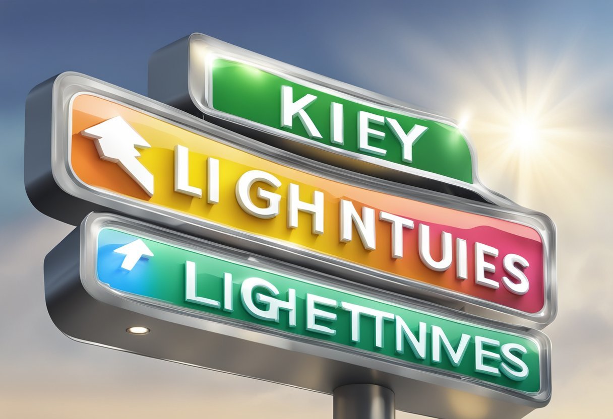 A bright spotlight shines on the words "Key Features and Benefits Lead Lightning Review" displayed on a sleek, modern signboard