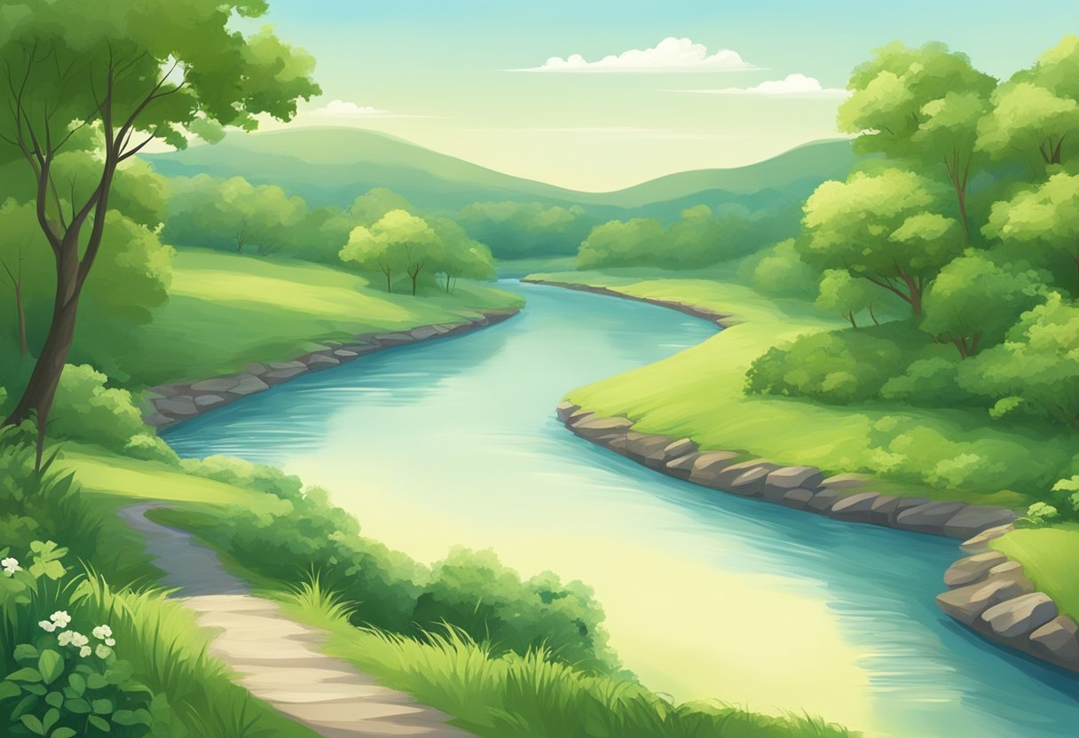 A serene landscape with a winding river, lush greenery, and a clear blue sky, evoking a sense of peace and tranquility