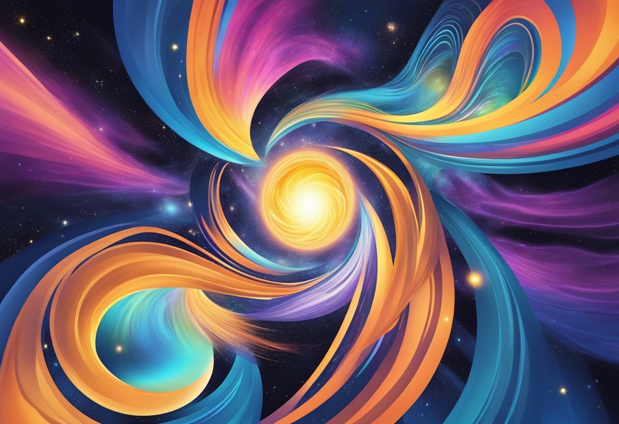 A glowing orb hovers over a swirling vortex, emitting energy and lifeforce. The scene is filled with vibrant colors and a sense of cosmic power