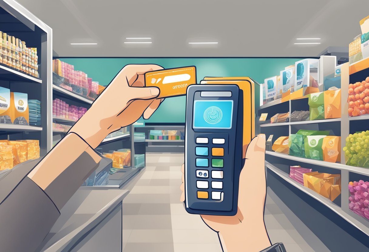 A hand holding a loyalty card, scanning it at a checkout, and receiving points in return. Later, the same hand uses the points to purchase a product from the store