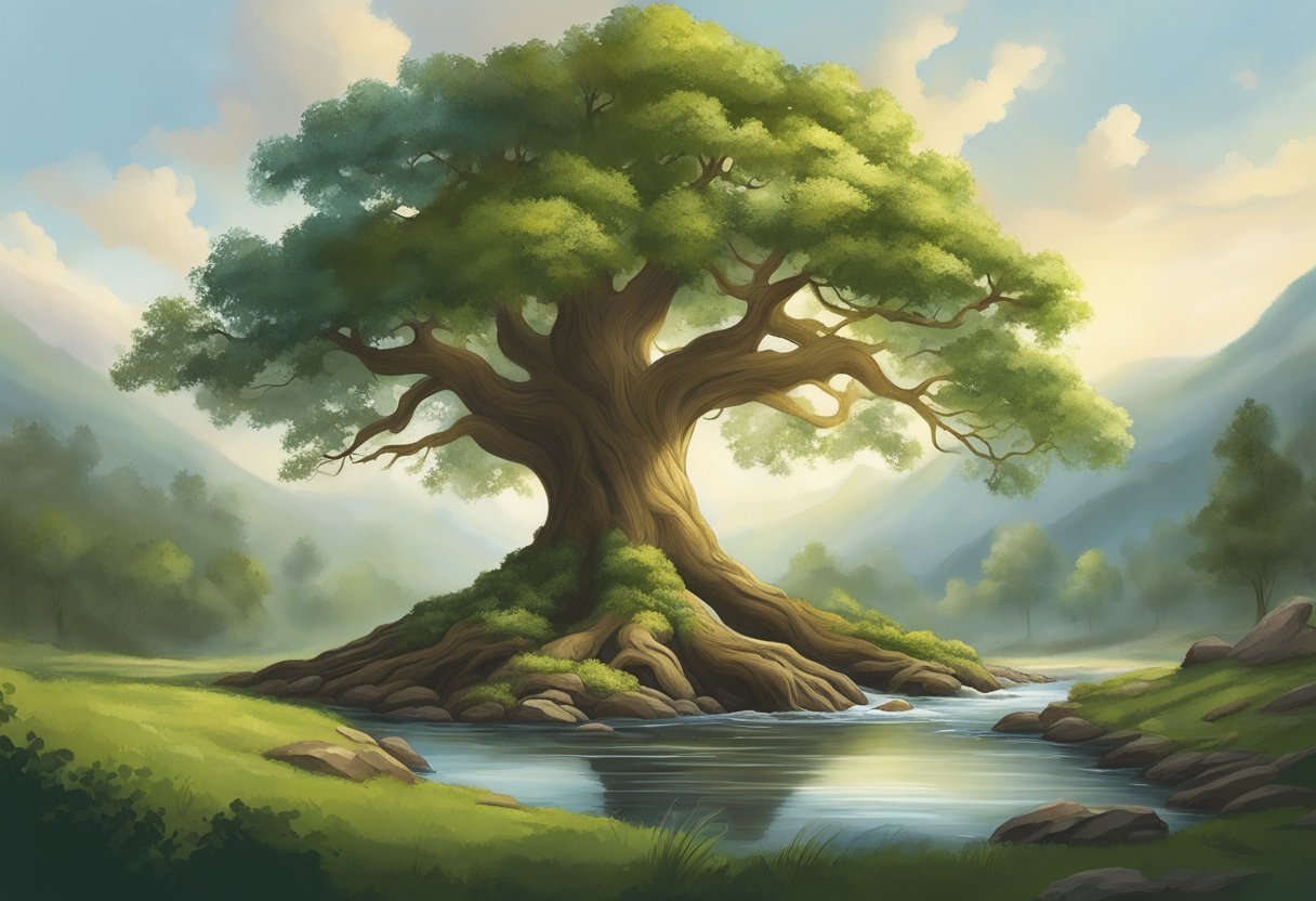 A sturdy oak tree stands tall in a lush, green forest, its roots firmly grounded. A clear, flowing stream winds around its base, symbolizing reliability and trustworthiness