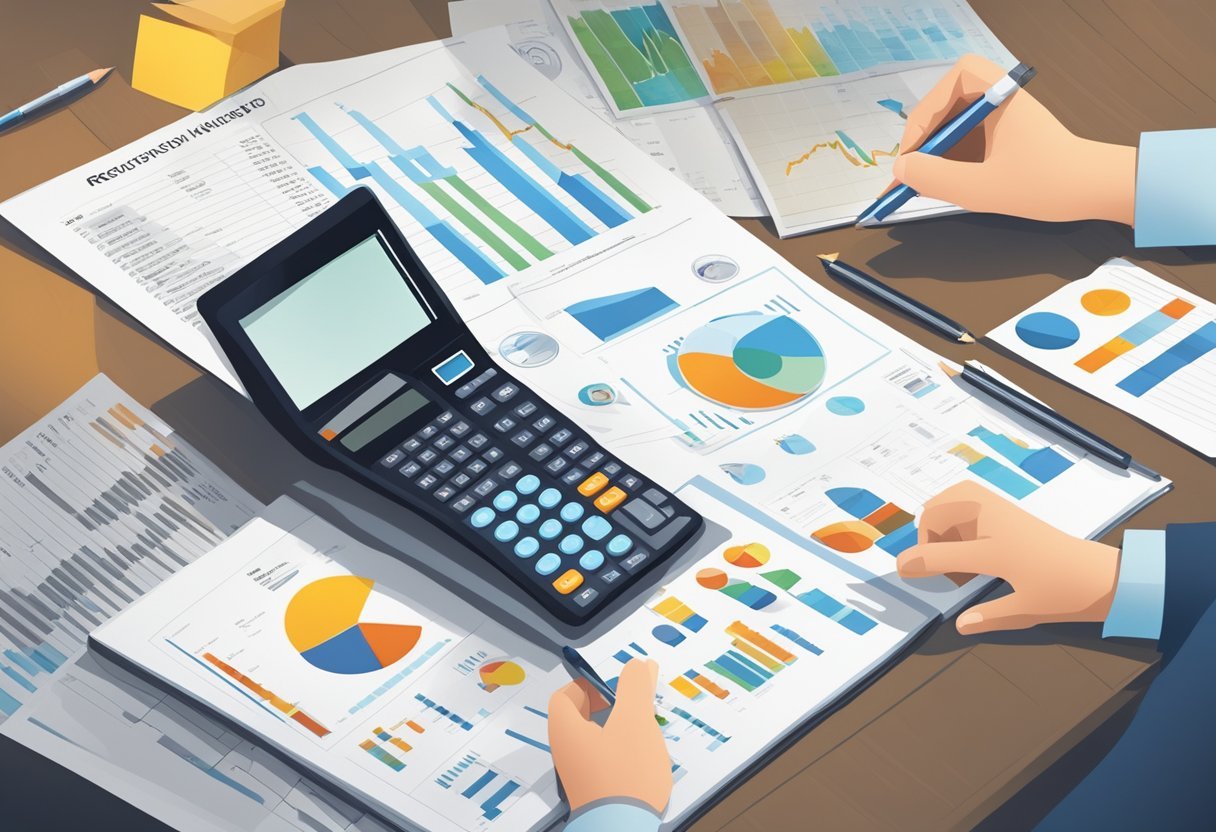 A person reading a report with charts and graphs, surrounded by financial documents and a calculator