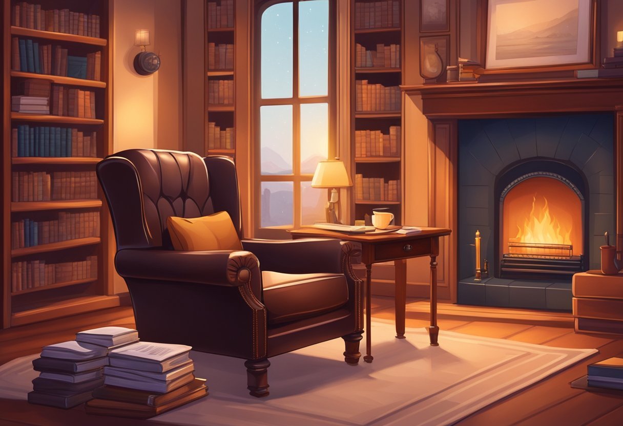 A cozy study with a leather armchair, a mahogany desk, and a bookshelf filled with financial literature. A fireplace crackles in the background, casting a warm glow over the room