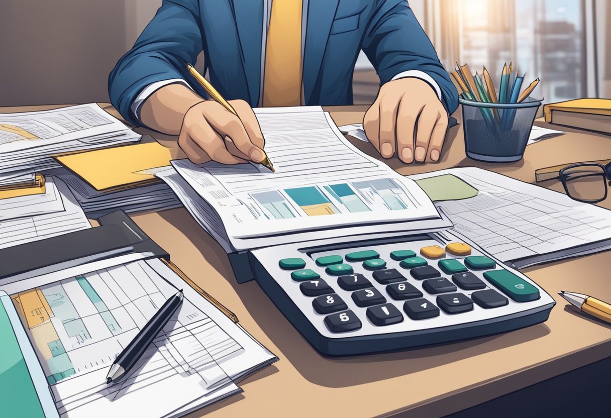 A person reviewing a report with legal and tax documents, surrounded by financial papers and a calculator on a desk