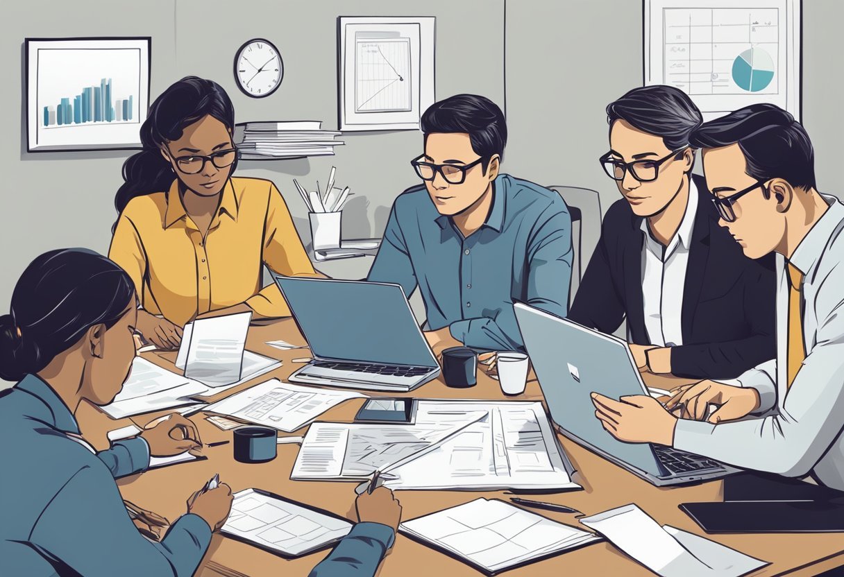 A group of professionals gathered around a table, discussing and reviewing documents and charts. Laptops and notepads are scattered across the table, indicating a serious and focused atmosphere