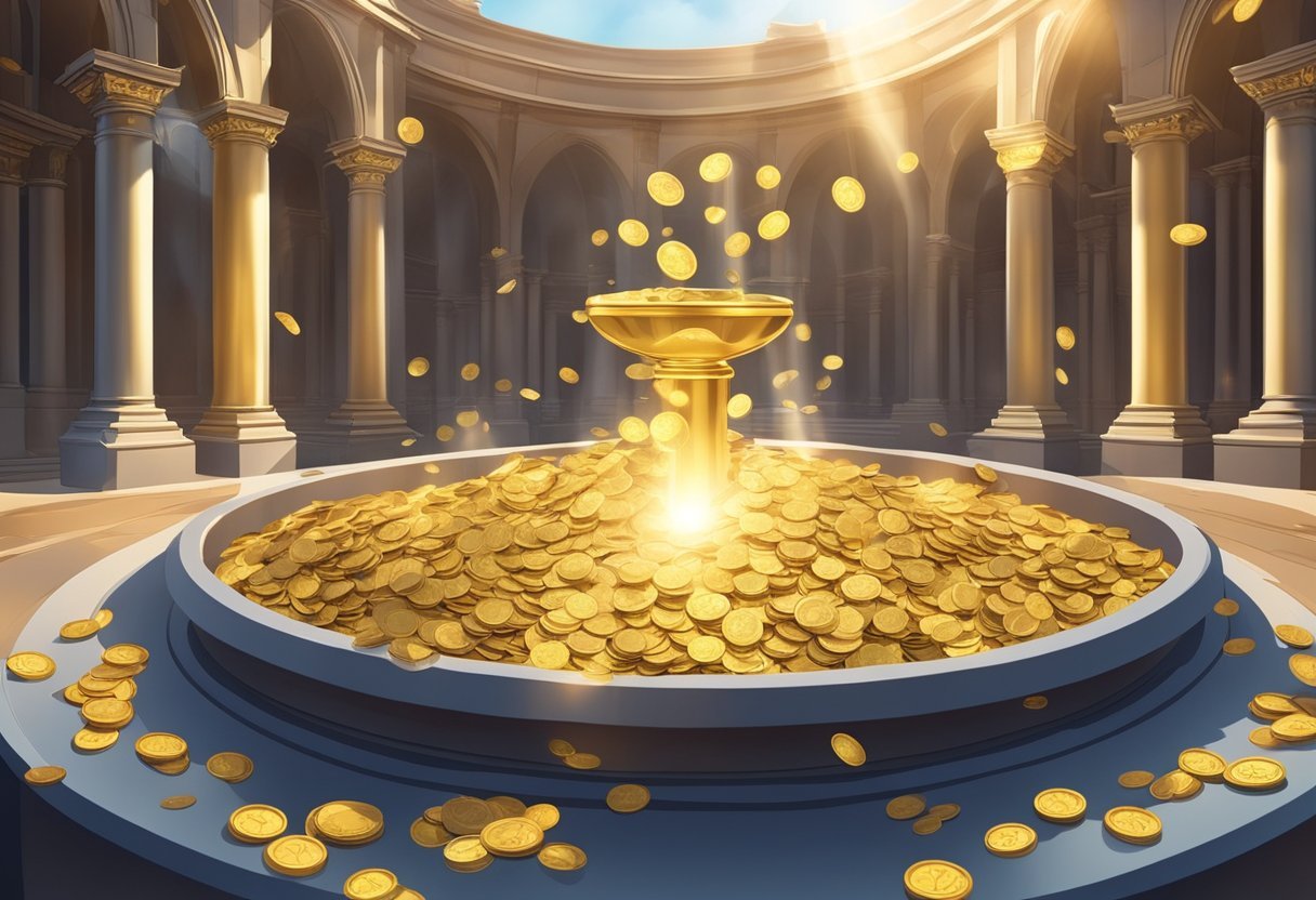 A large, ornate well overflowing with gold coins and paper currency. Sunlight glints off the riches, casting a warm glow over the surrounding area