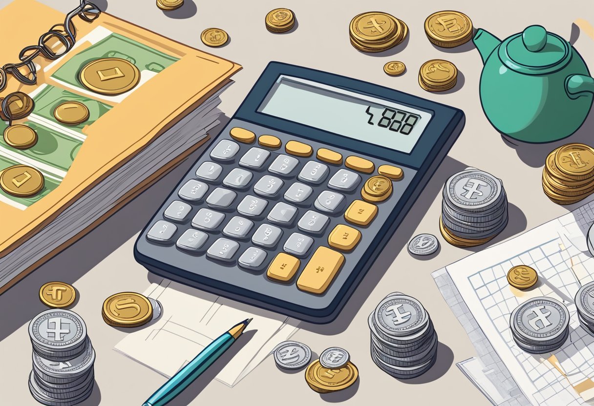 A pile of coins and bills arranged neatly on a table, with a piggy bank and a calculator nearby. A book titled "Understanding Money Well Money Well Review" is open next to the items