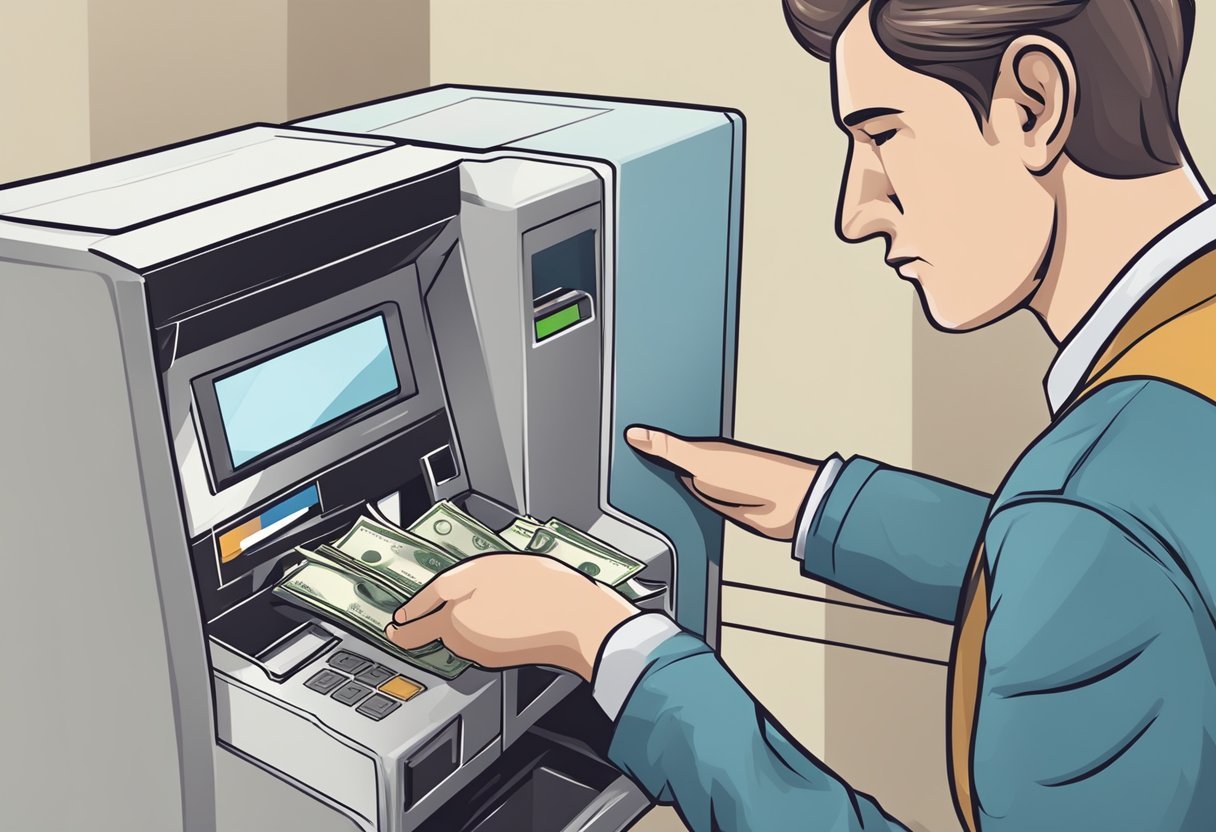 A hand inserting a stack of bills into a slot on a cash machine, with a satisfied expression on the person's face