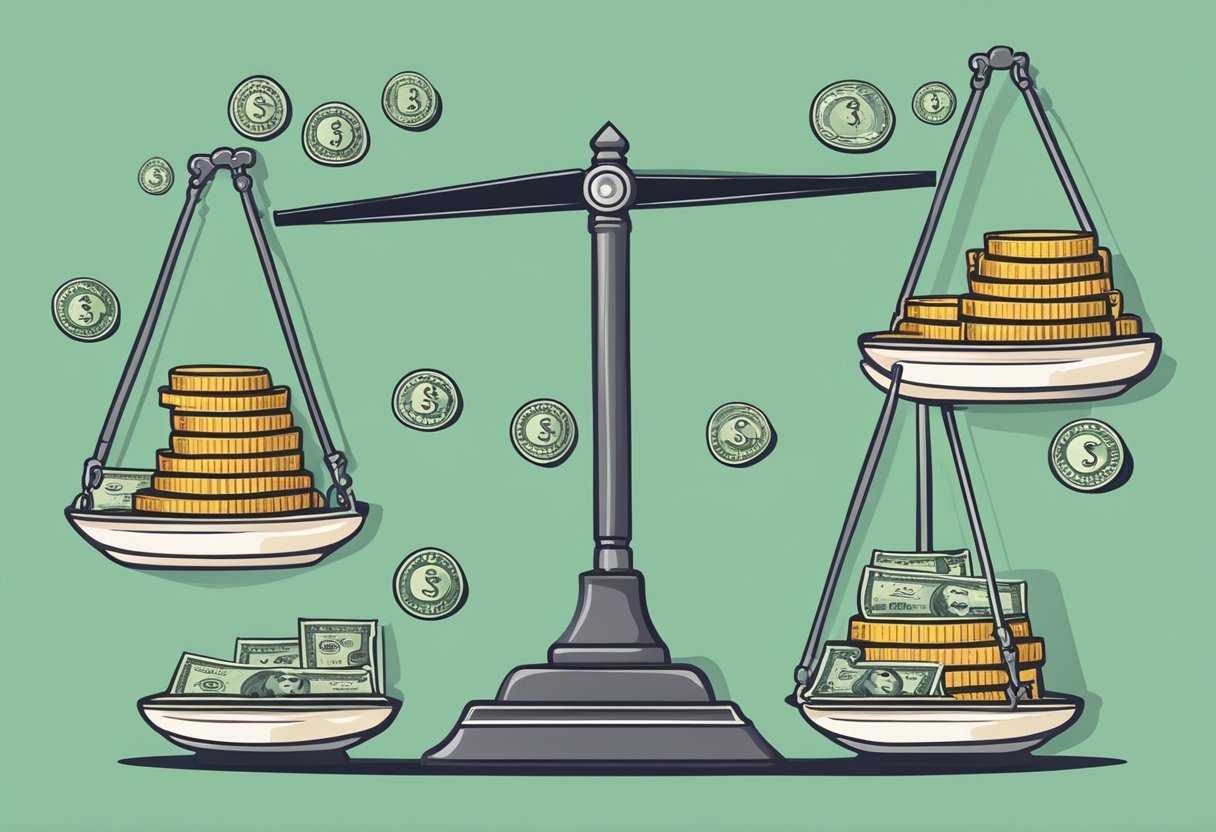 A scale with money bags on one side and coins on the other, surrounded by a list of pros and cons