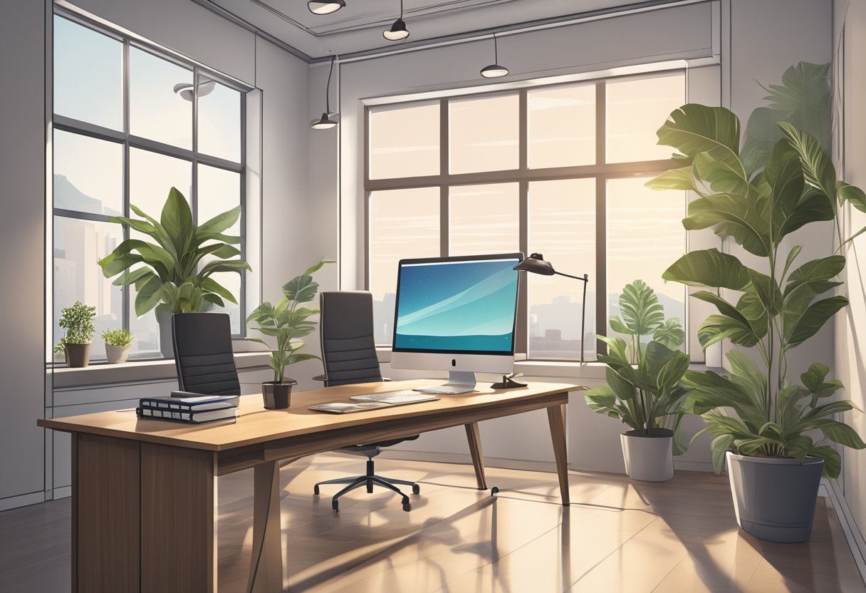 A modern office space with a sleek desk, computer, and potted plant. A large window lets in natural light, and motivational quotes adorn the walls